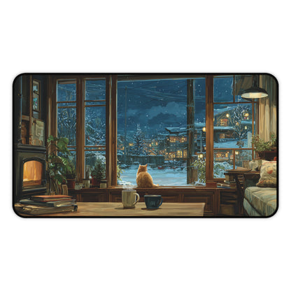 Cozy Winter Cat Desk Pad Anime Style, Christmas Office Decor