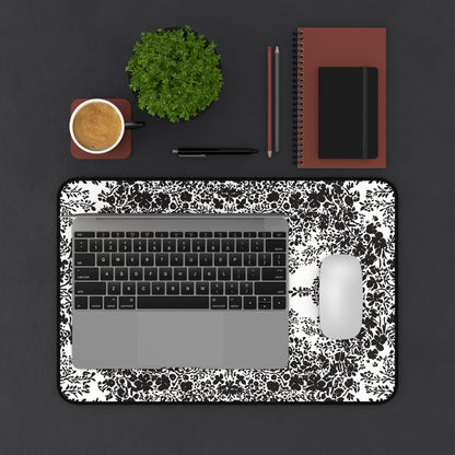 White Desk Mat with Black Flowers