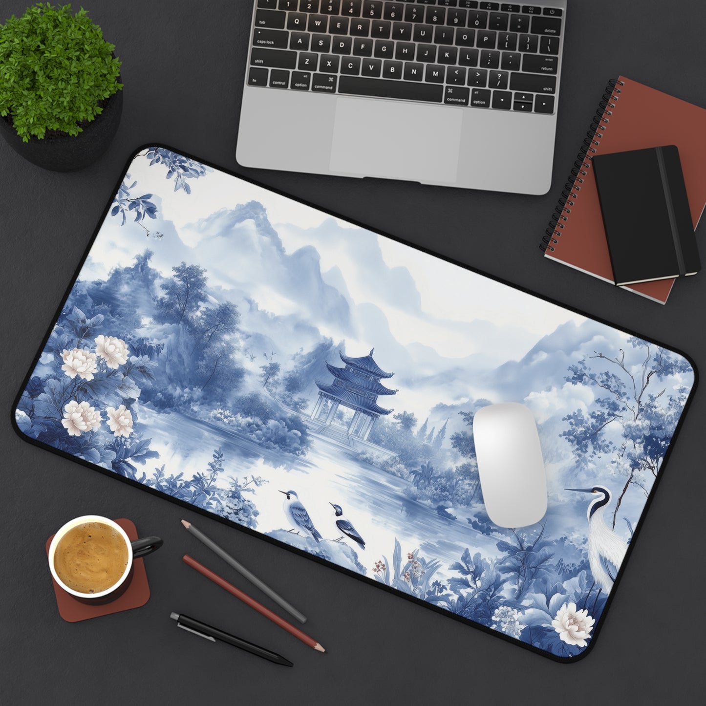 Blue Landscape Desk Mat Chinoiserie Aesthetic