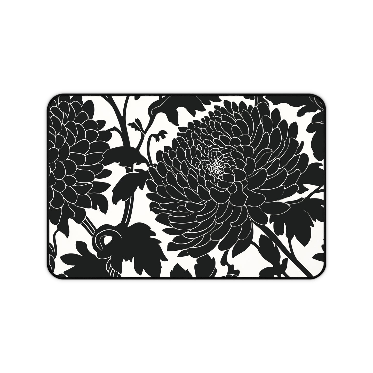 Japanese Chrysanthemum Desk Mat: Elegant Black & White Floral Mouse Pad