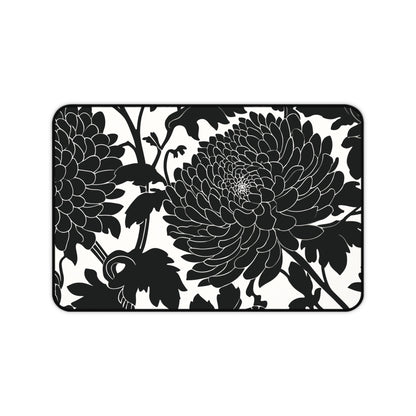 Japanese Chrysanthemum Desk Mat: Elegant Black & White Floral Mouse Pad