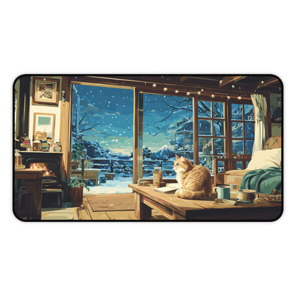 Winter Cat Desk Mat, Snowy Mouse Pad for Cat Lovers