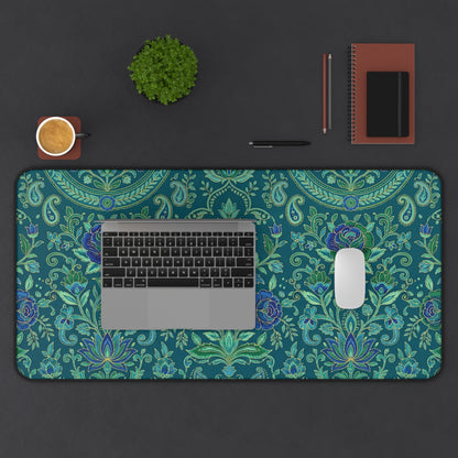 Teal Paisley Desk Mat: Boho Floral Design