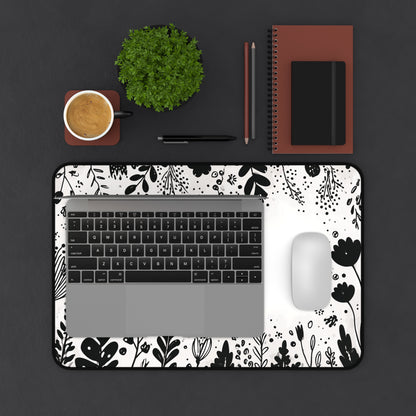 White Desk Mat: Minimalist Black Flowers Desk Pad
