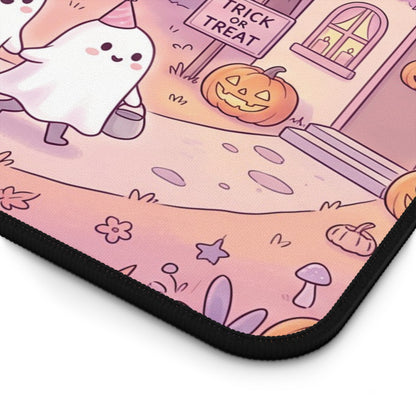 Halloween desk mat corner with black edge binding and cute stars, mushrooms pattern