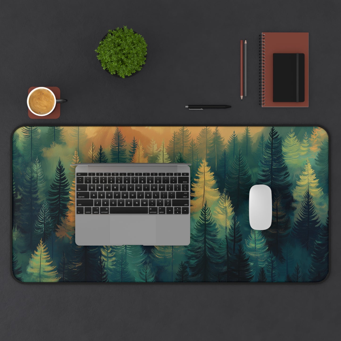 Forest Skyline Desk Mat: Green & Gold Woodland Mouse Pad