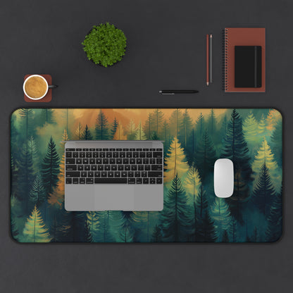 Forest Skyline Desk Mat: Green & Gold Woodland Mouse Pad