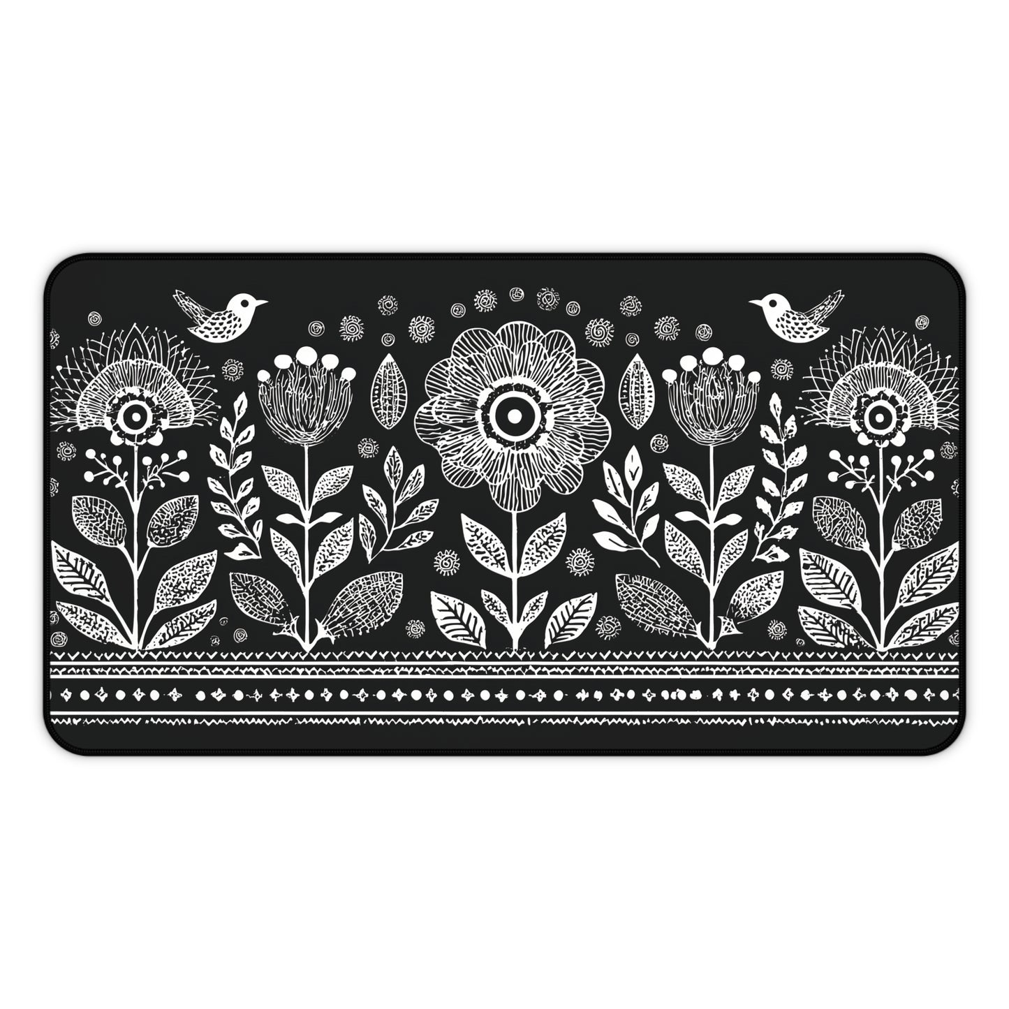 Folk Art Floral Desk Mat: Scandinavian Black & White Mouse Pad XL