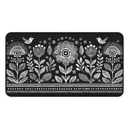 Folk Art Floral Desk Mat: Scandinavian Black & White Mouse Pad XL