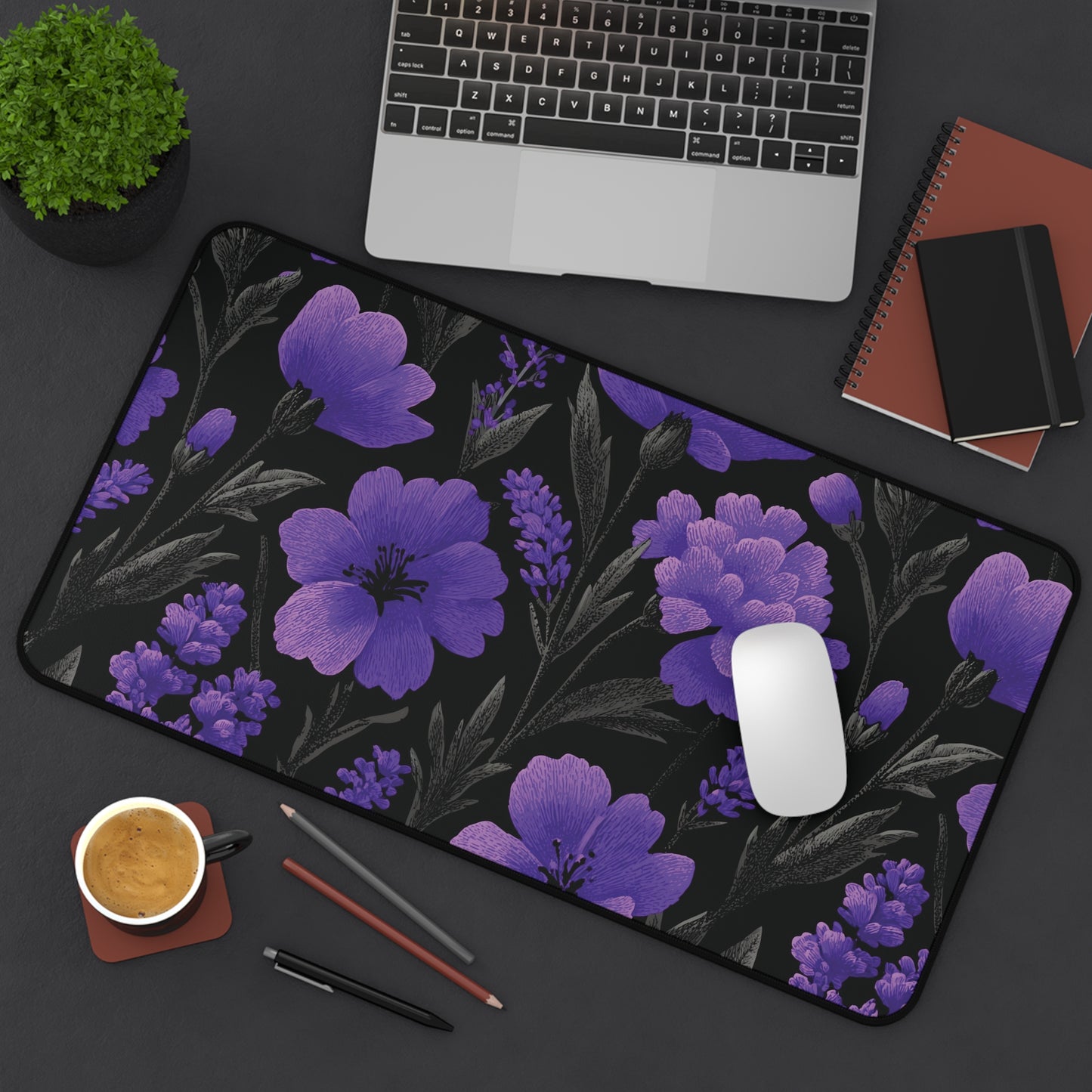 Floral Desk Mat Purple Moody, Gothic Flowers Mouse Pad