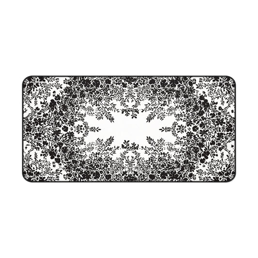 White Desk Mat with Black Flowers