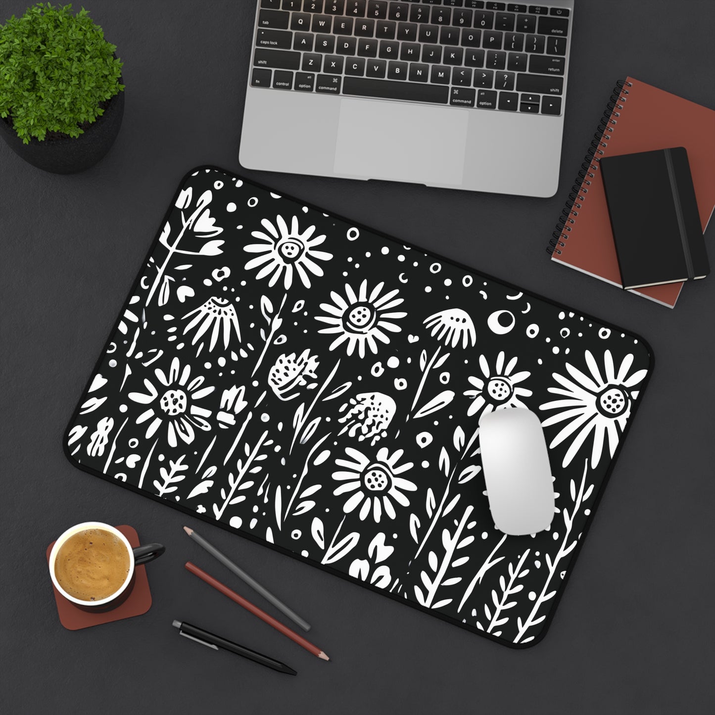 Wildflower Desk Mat: Hand-Drawn Doodle Floral in Black & White