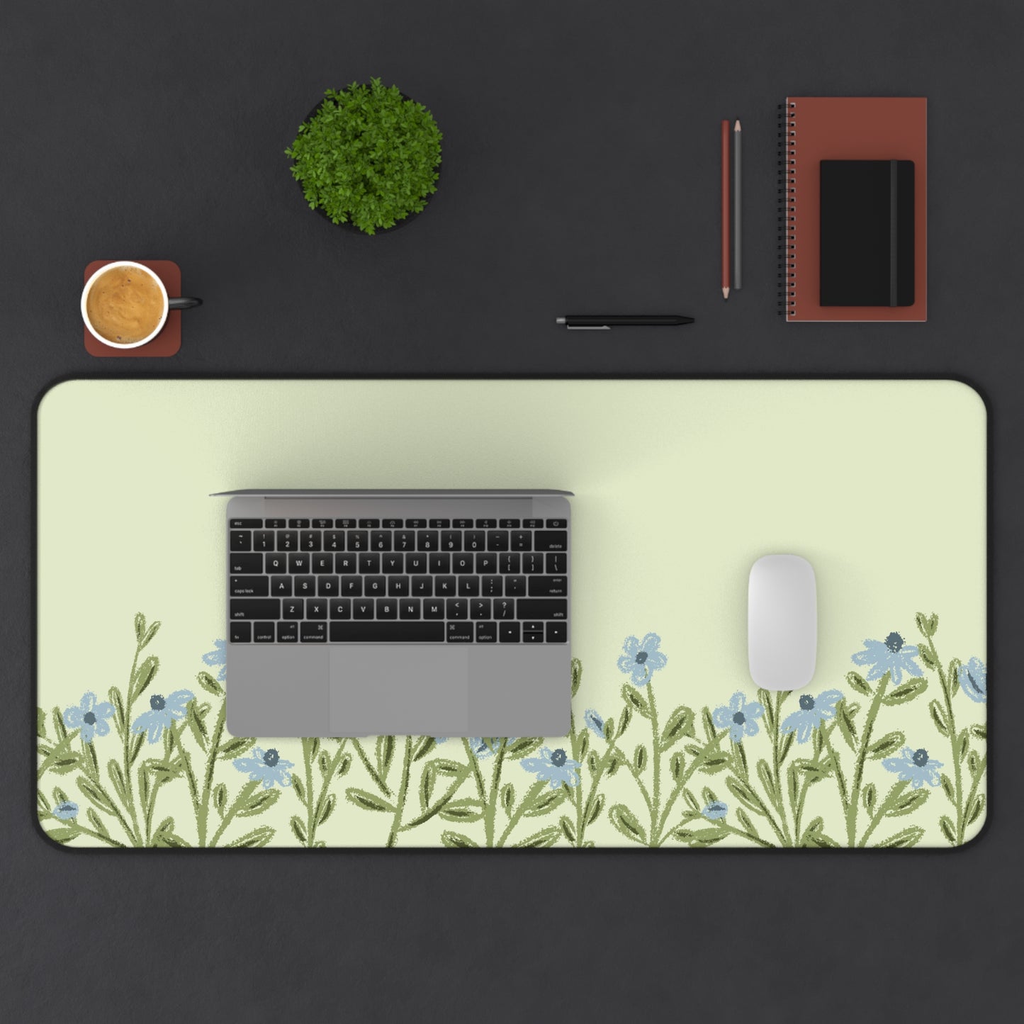 Blue Flower Desk Mat: Forget-Me-Not Meadow on Sage Green