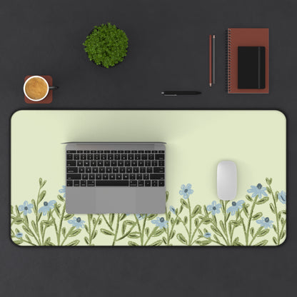 Blue Flower Desk Mat: Forget-Me-Not Meadow on Sage Green