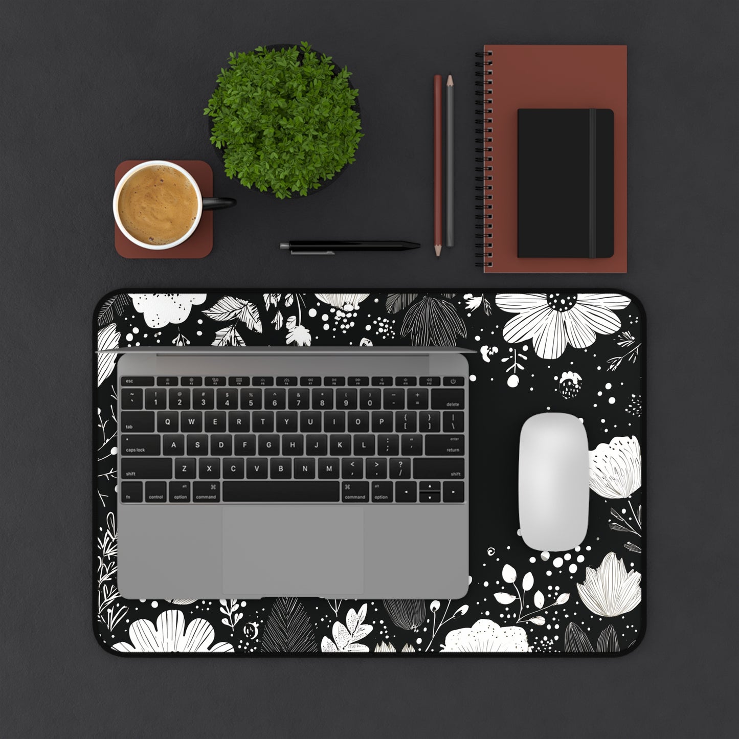 Night Garden Desk Mat: Whimsical White Flowers on Black