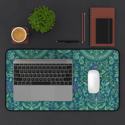 Teal Paisley Desk Mat: Boho Floral Design