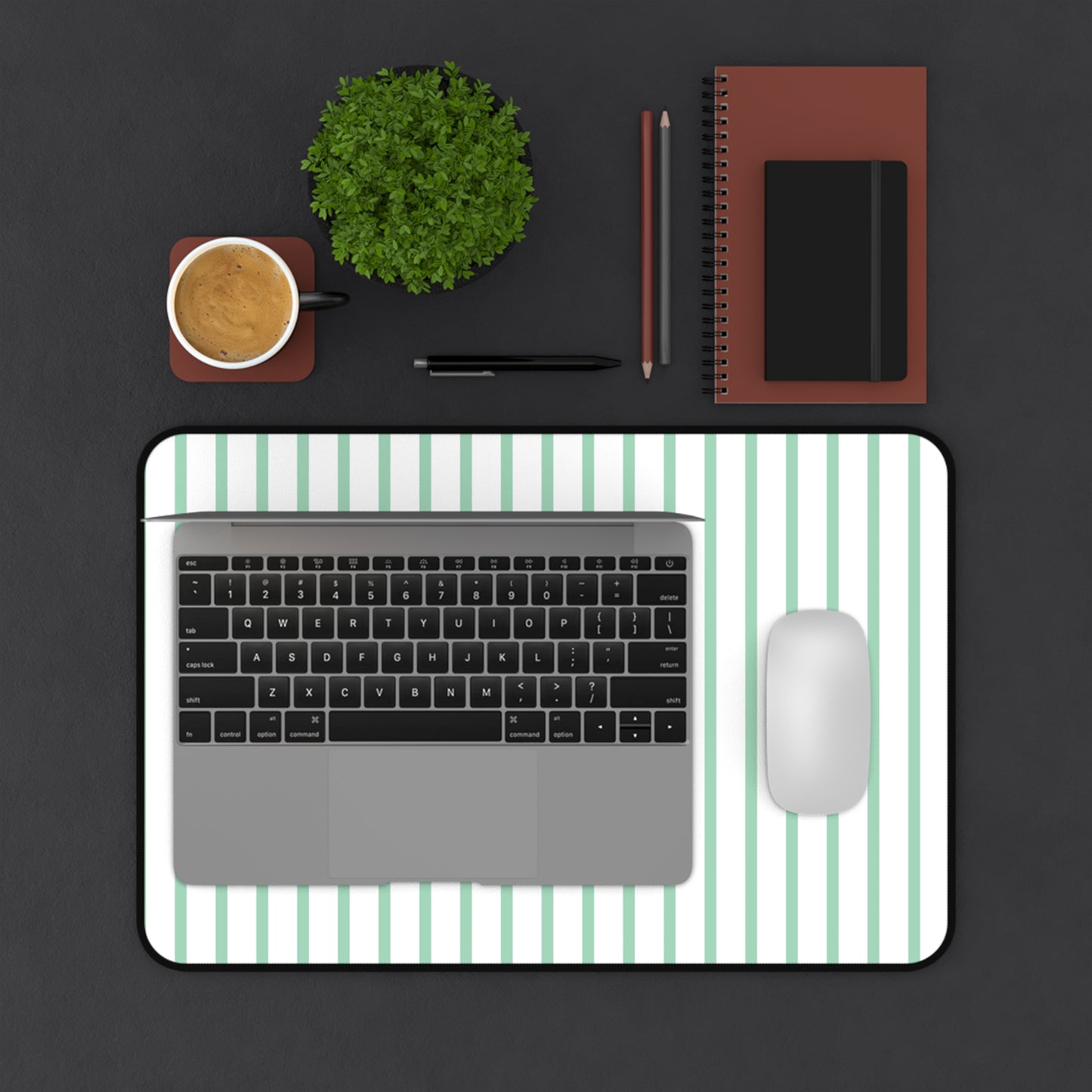 White and Mint Green Striped Desk Mat
