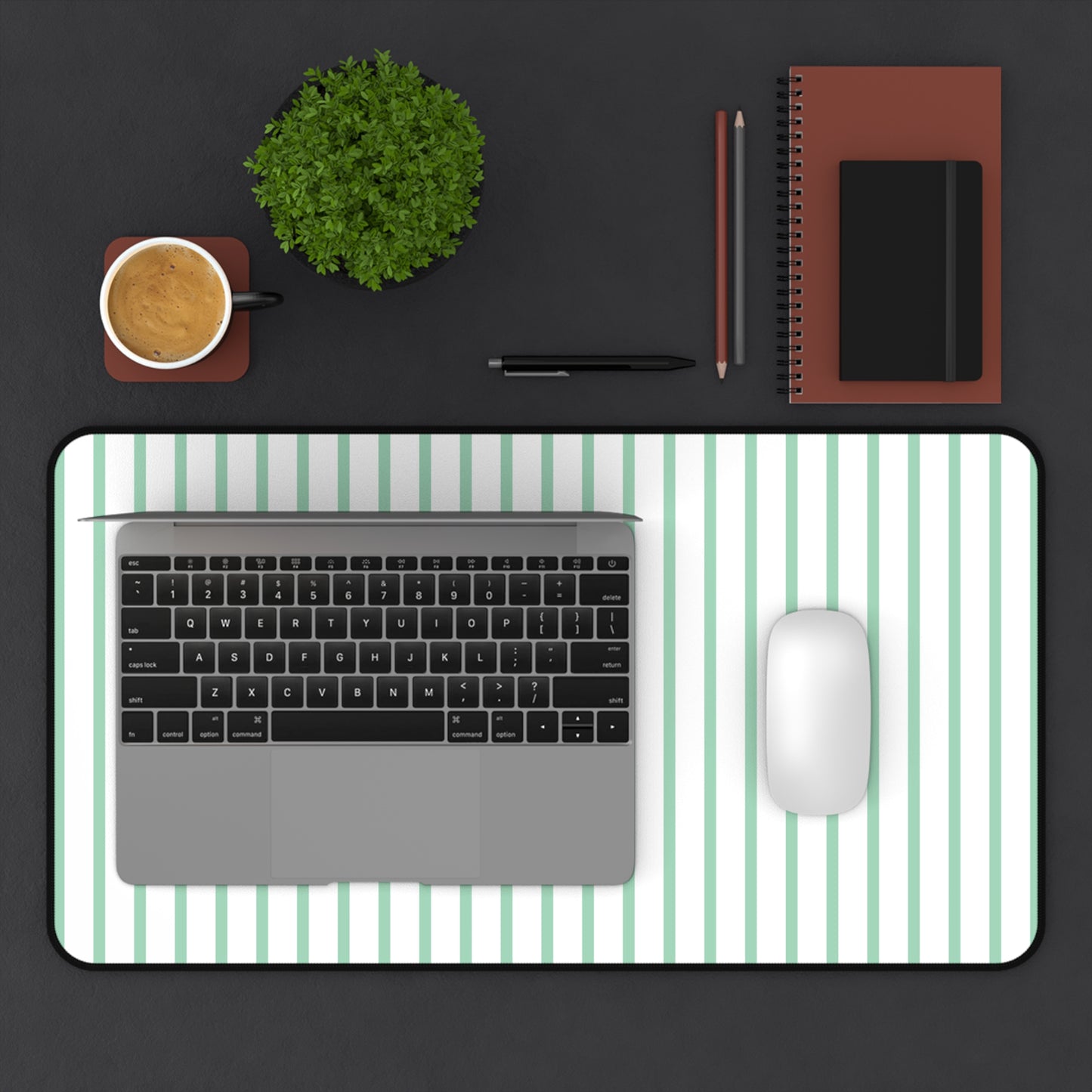 White and Mint Green Striped Desk Mat