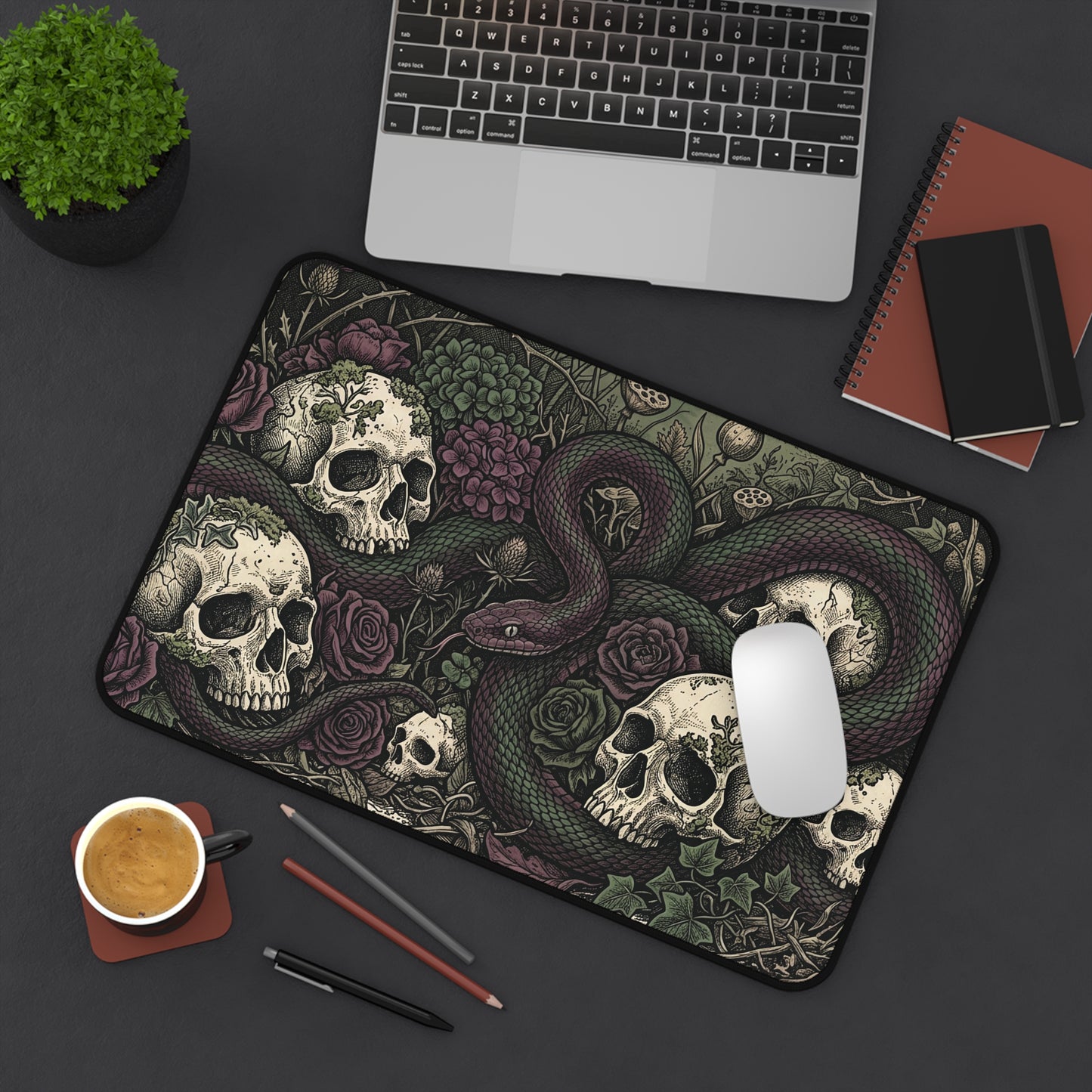 Skull and snake gothic desk mat with roses and green foliage design, keyboard and mouse fit