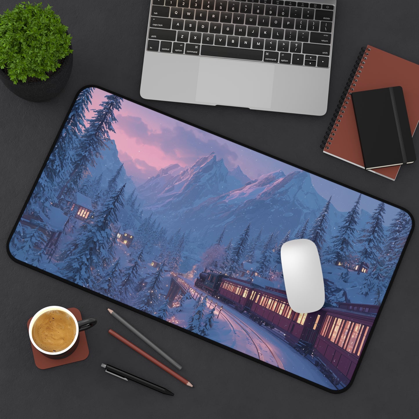 Christmas Winter Landscape Desk Mat, Red Train Desk Pad