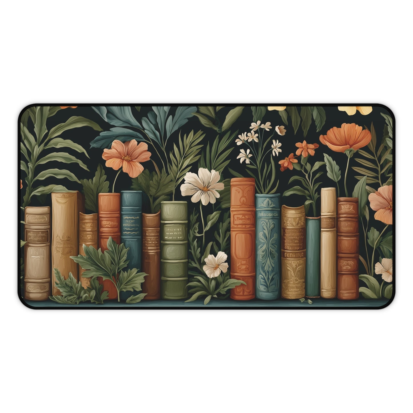 Vintage Library Desk Mat: Books & Wildflowers Botanical Print