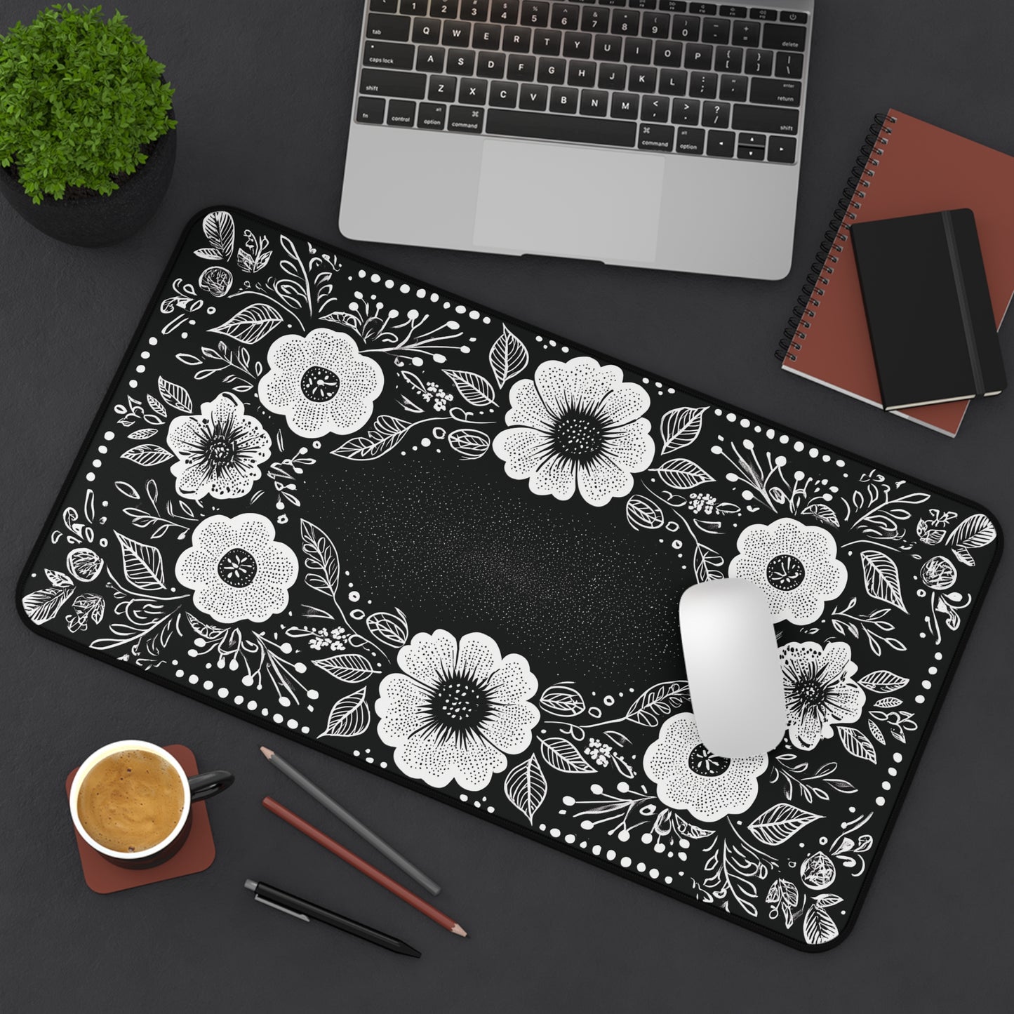 Black & White Floral Desk Mat: Hand-Drawn Botanical Mouse Pad