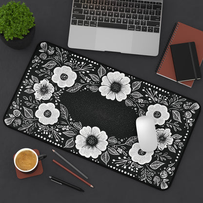 Black & White Floral Desk Mat: Hand-Drawn Botanical Mouse Pad