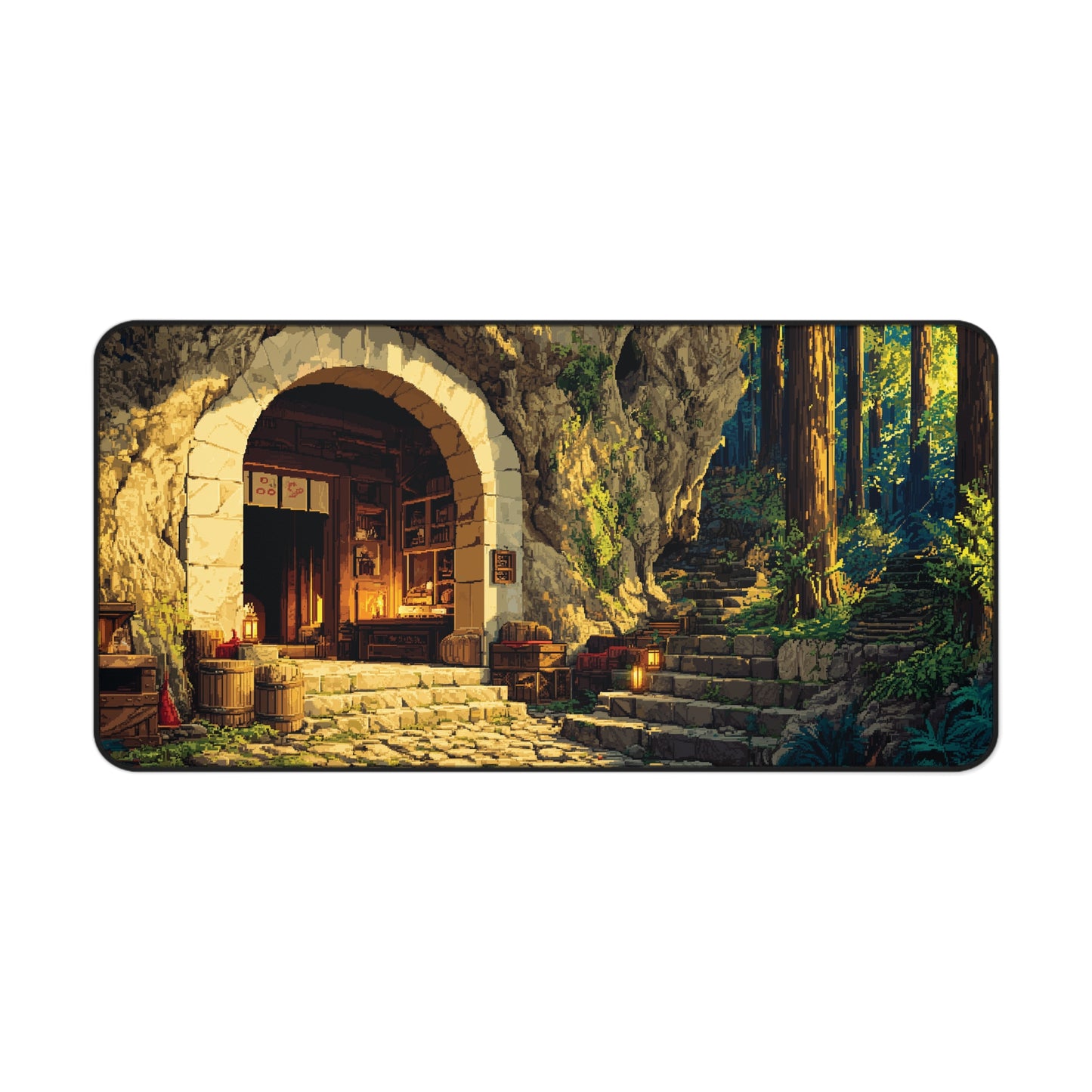 Pixel Art Desk Mat: Forest Cave Mouse Pad