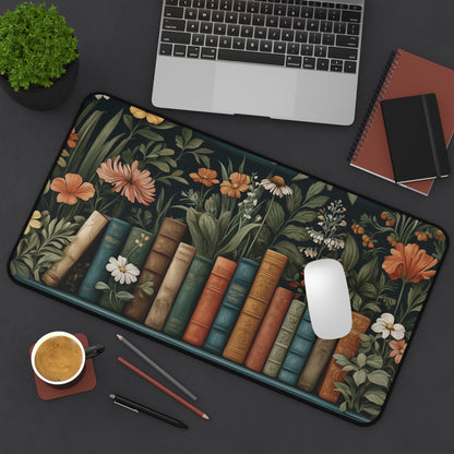 Bookshelf Desk Mat: Dark Academia Botanical Library Design