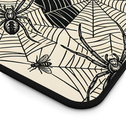 Close-up corner of spider web desk mat with vintage spider and web line art, black edge