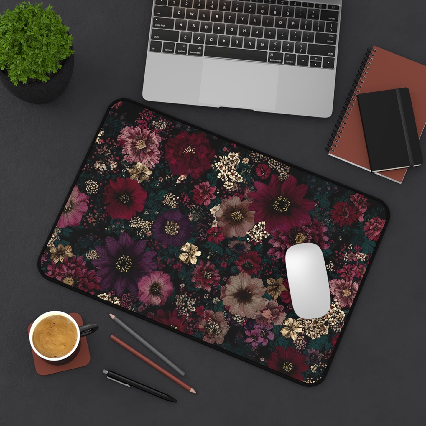 Dark Floral Desk Mat: Moody Burgundy & Plum Flower Print