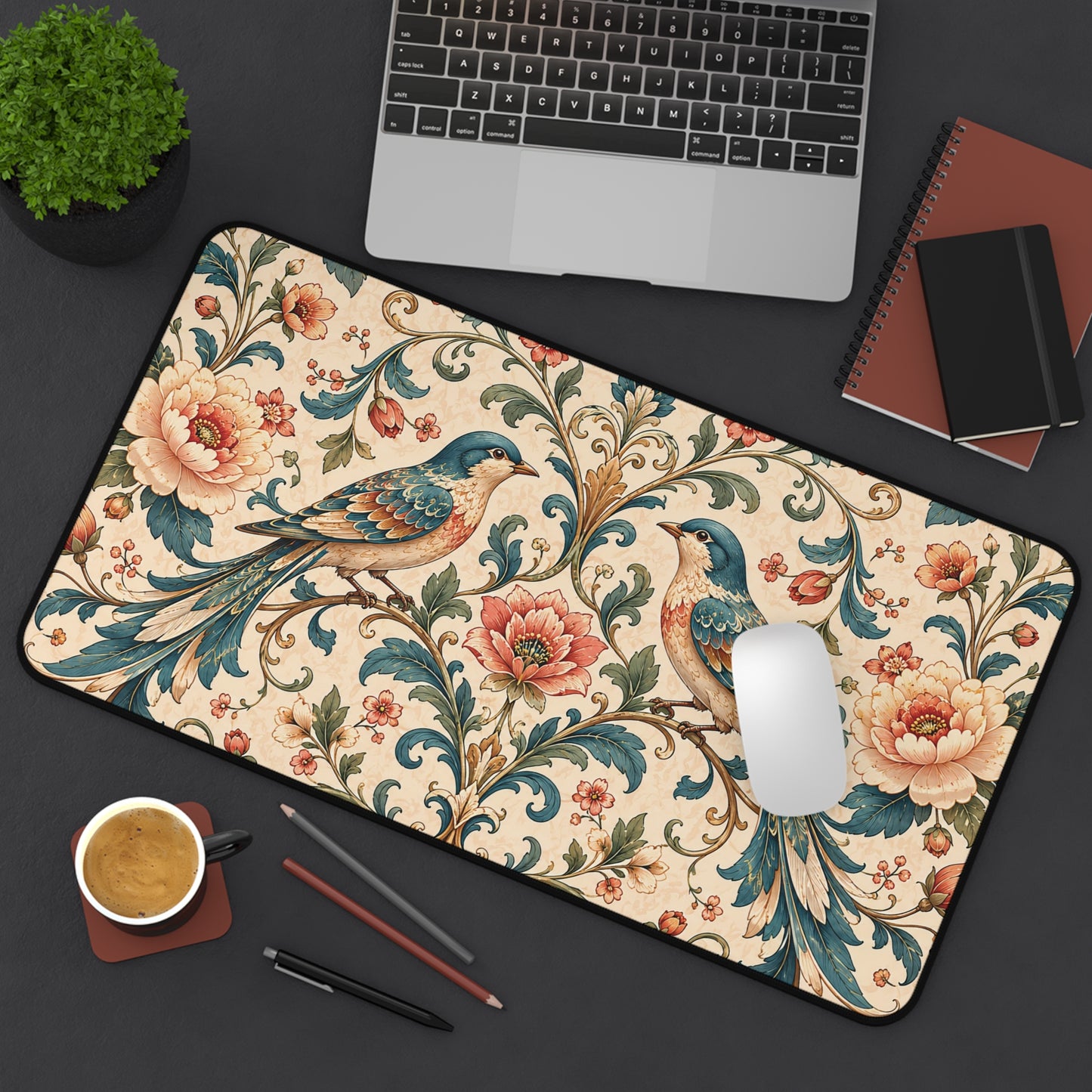 Chinoiserie Desk Mat: Large Vintage Bird Mouse Pad