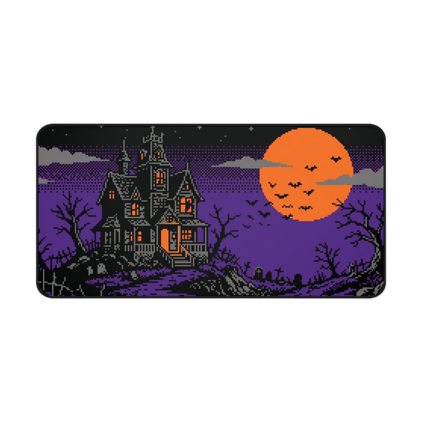 Retro pixel art desk mat with haunted house, purple trees, and large orange moon