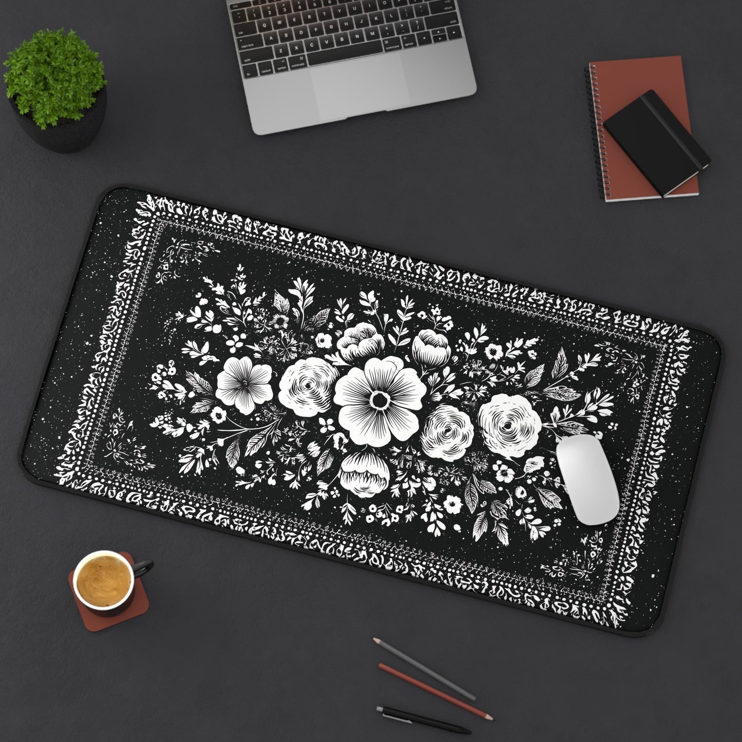 White Rose Desk Mat: Vintage Bouquet on Black Mouse Pad