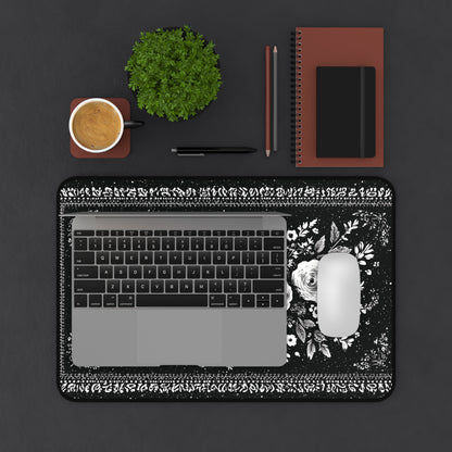 White Rose Desk Mat: Vintage Bouquet on Black Mouse Pad