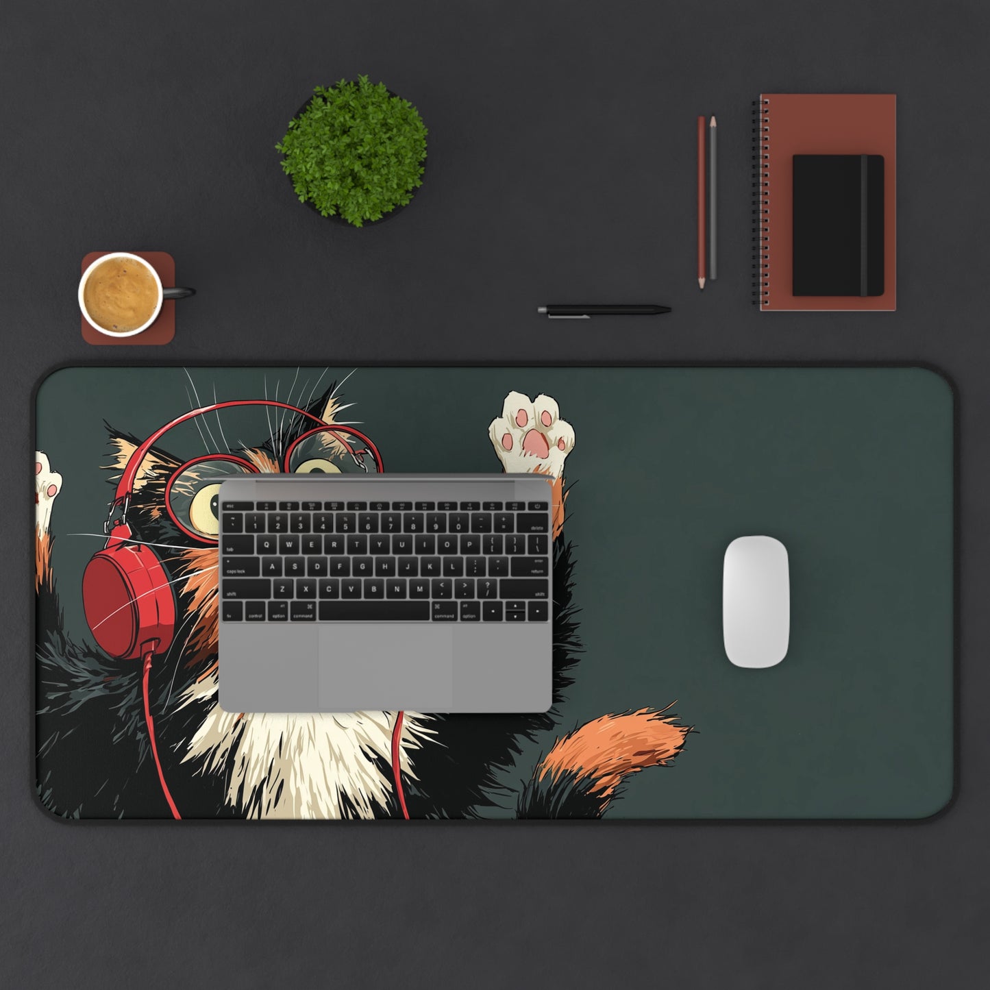 Cat with Headphones Desk Mat: Funny Calico Cat Mouse Pad