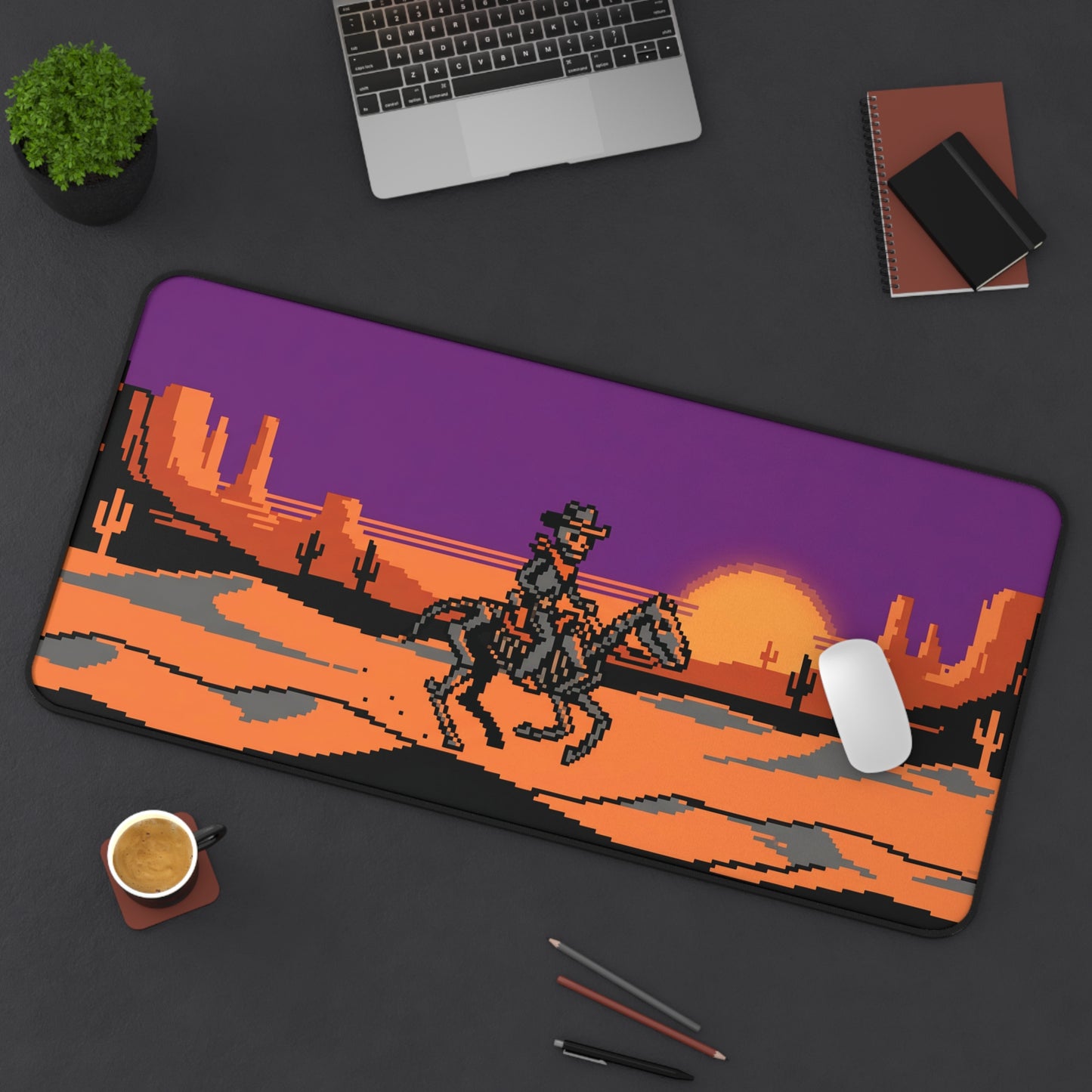 Pixel art cowboy desk mat with rounded corners and desert sunset rider pixel graphic