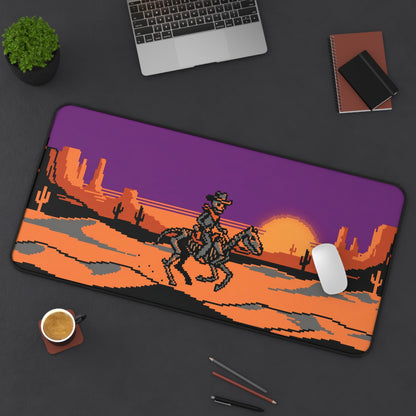 Pixel art cowboy desk mat with rounded corners and desert sunset rider pixel graphic