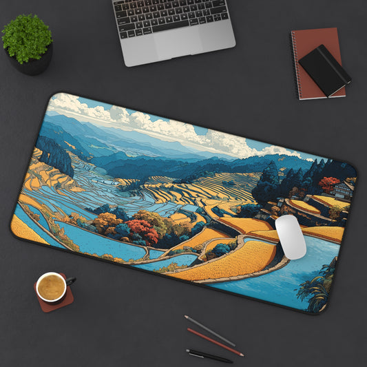 Japanese Desk Mat: Rice Fields Landscape Mouse Pad XL