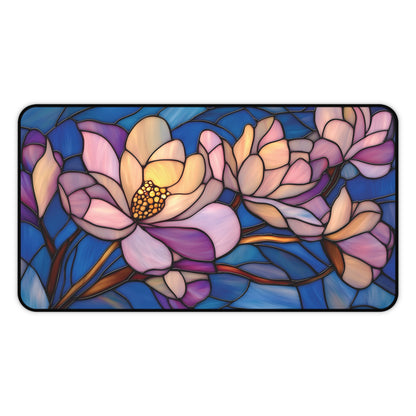 Stained Glass Style Magnolia Desk Mat: Pink & Blue Floral MousePad