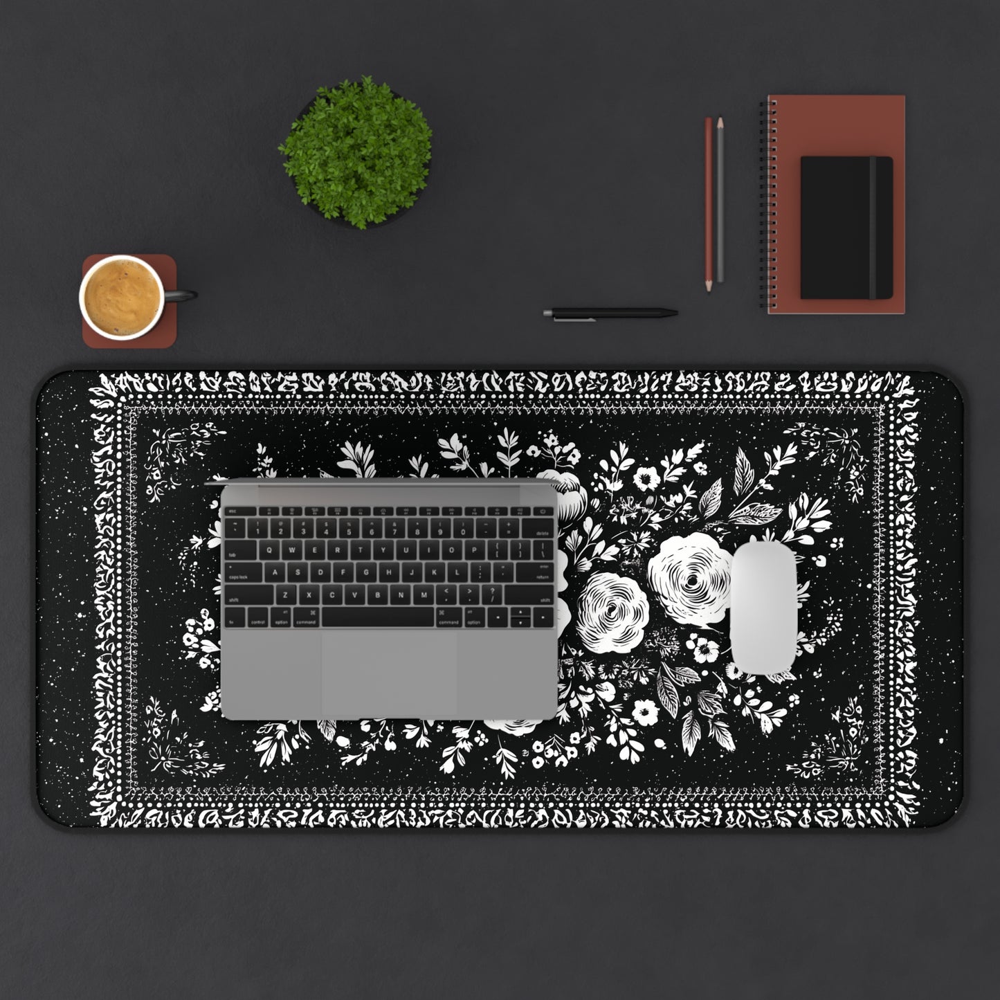 White Rose Desk Mat: Vintage Bouquet on Black Mouse Pad