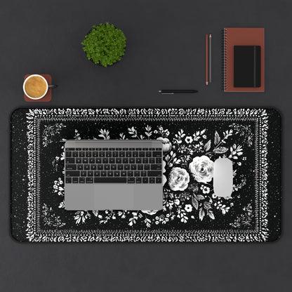 White Rose Desk Mat: Vintage Bouquet on Black Mouse Pad