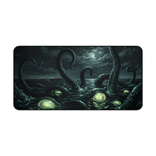 Rectangular dark ocean desk mat with octopus tentacle horror illustration