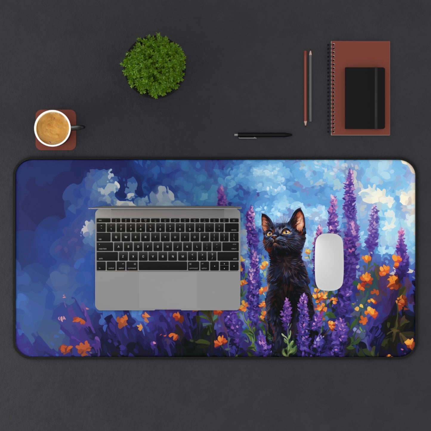 Cat Lavander Desk Mat, Flowers Aesthetic Mouse Pad, Keyboard Mat for Cat Lovers