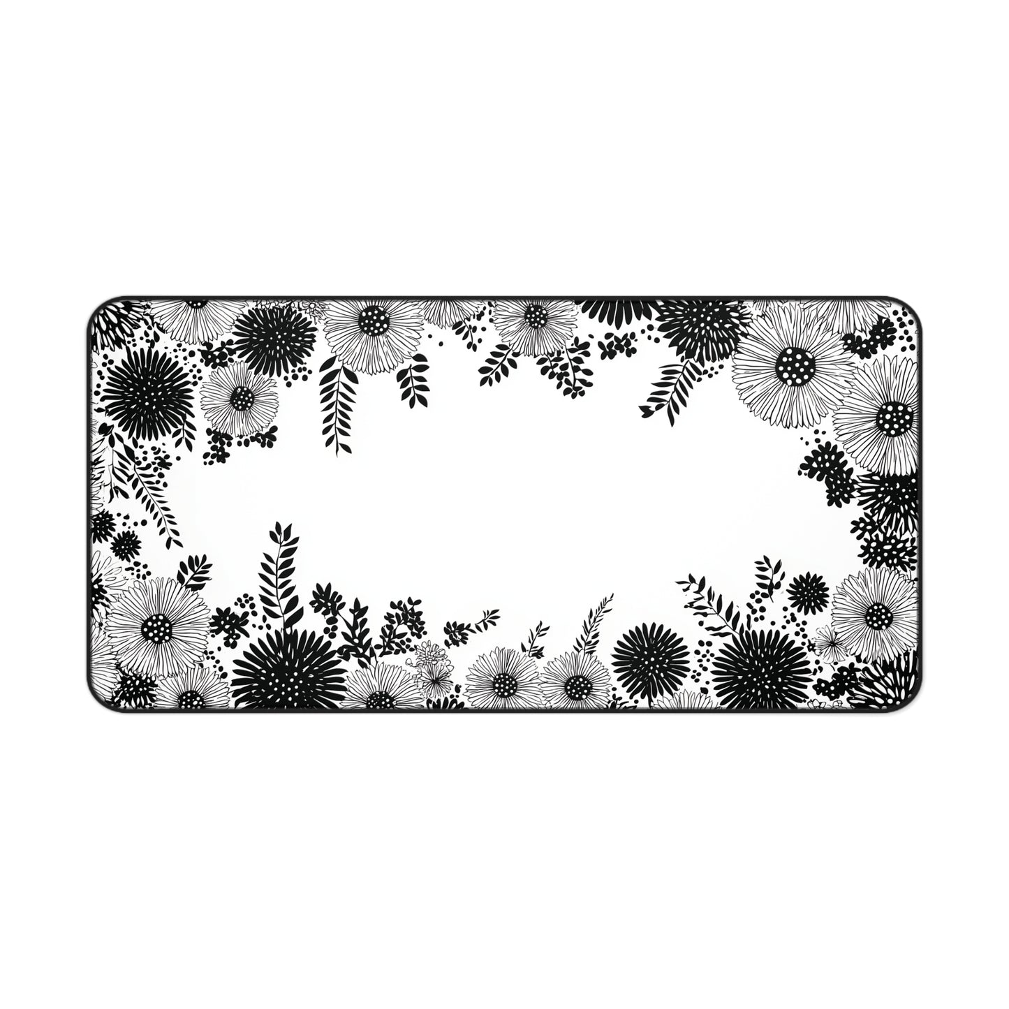 White Floral Desk Mat: Black Ink Flower Border Design