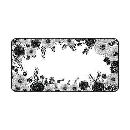 White Floral Desk Mat: Black Ink Flower Border Design