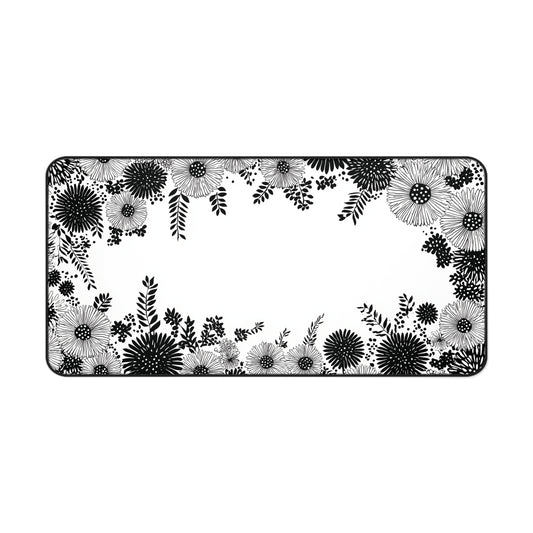 White Floral Desk Mat: Black Ink Flower Border Design