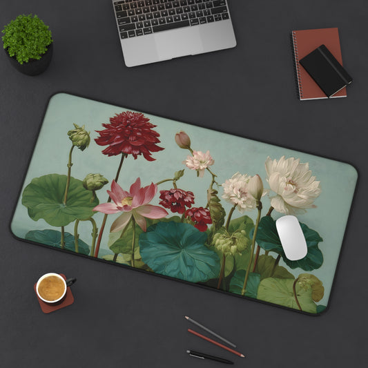 Lotus & Dahlia Desk Mat: Vintage Botanical Painting Mouse Pad XL