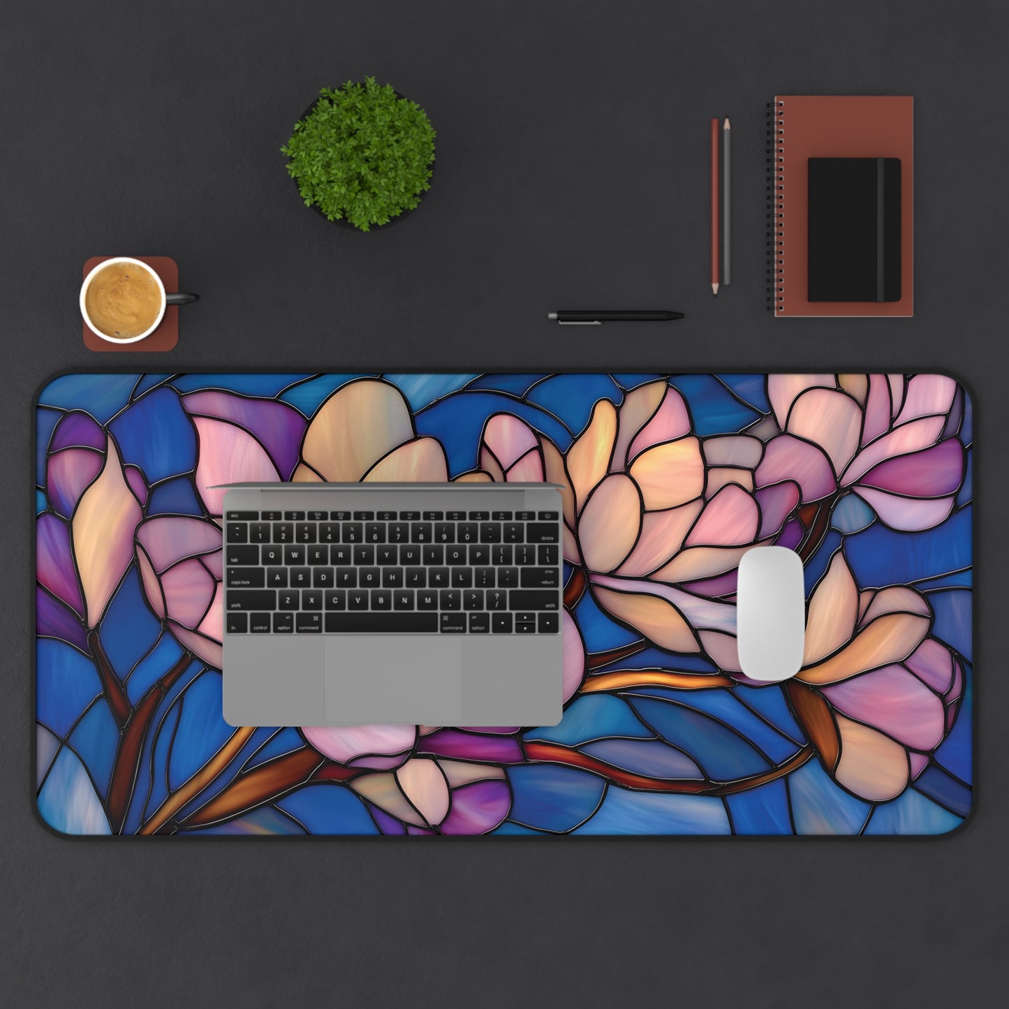 Stained Glass Style Magnolia Desk Mat: Pink & Blue Floral MousePad