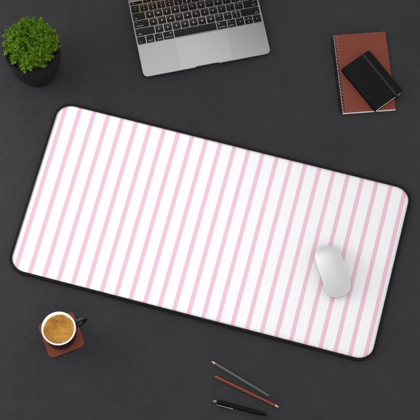 White and Pastel Pink Striped Desk Mat for Cute Office Decor
